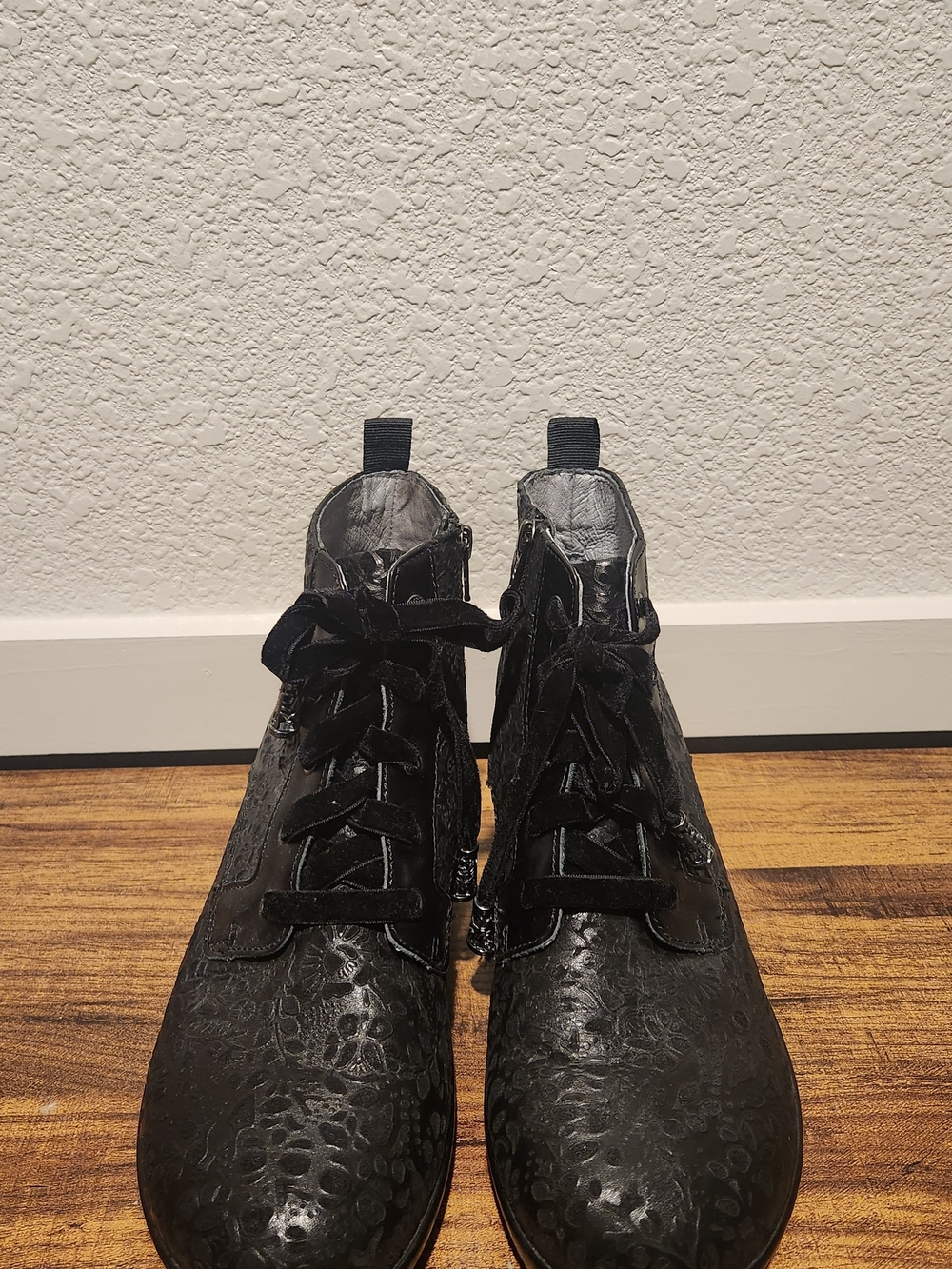 Alegria Black Floral-Textured Lace-Up Ankle Boots